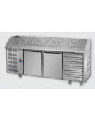 Tavolo Refrigerato Pizza GN 1/1 con 2 porte, gruppo motore a sinistra, 6 cassetti neutri e piano in granito CM 200x75x103H