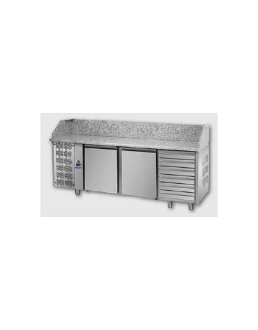 Tavolo Refrigerato Pizza GN 1/1 con 2 porte, gruppo motore a sinistra, 6 cassetti neutri e piano in granito CM 200x75x103H