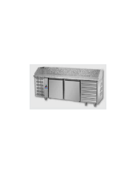 Tavolo Refrigerato Pizza GN 1/1 con 2 porte, gruppo motore a sinistra, 6 cassetti neutri e piano in granito CM 200x75x103H