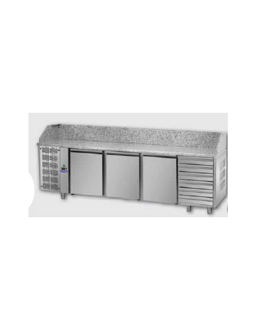 Tavolo Refrigerato Pizza GN 1/1 con 3 porte, gruppo motore a sinistra, 6 cassetti neutri e piano in granito CM 241x75x103H