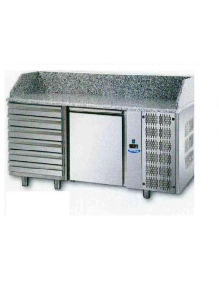 Tavolo Refrigerato Pizza 600x400 con 1 porta, 6 cassetti neutri e piano in granito CM 161x80x103