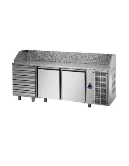 Tavolo Refrigerato Pizza 600x400 con 2 porte, 6 cassetti neutri e piano in granito CM 216x80x103H