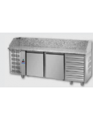 Tavolo Refrigerato Pizza 600x400 con 2 porte, gruppo motore a sinistra, 6 cassetti neutri e piano in granito CM 216x80x103H