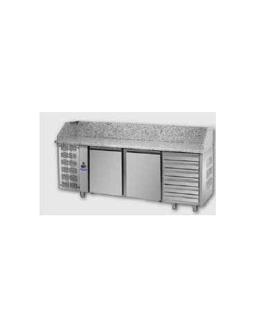 Tavolo Refrigerato Pizza 600x400 con 2 porte, gruppo motore a sinistra, 6 cassetti neutri e piano in granito CM 216x80x103H