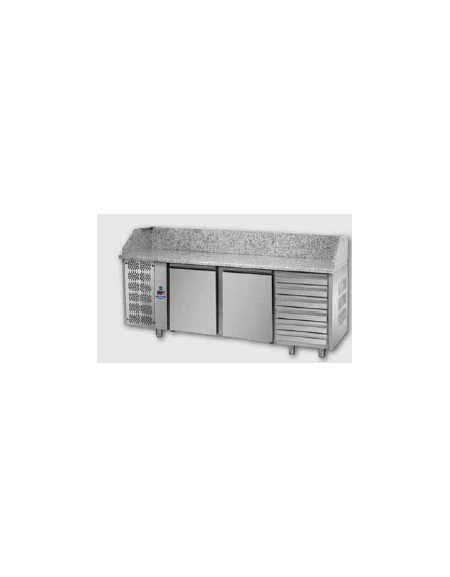 Tavolo Refrigerato Pizza 600x400 con 2 porte, gruppo motore a sinistra, 6 cassetti neutri e piano in granito CM 216x80x103H