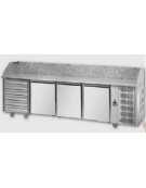 Tavolo Refrigerato Pizza 600x400 con 3 porte, 6 cassetti neutri e piano in granito CM 271x80x103H