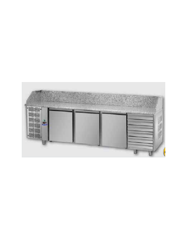 Tavolo Refrigerato Pizza 600x400 con 3 porte, gruppo motore a sinistra, 6 cassetti neutri e piano in granito CM 271x80x103