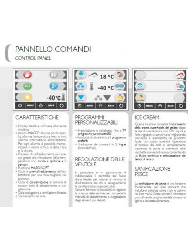 Abbattitore di temperatura 5 teglie GN 1/1 oppure EN 60x40 - Potenza W 1.787 - PANNELLO COMANDI TOUCH SCREEN