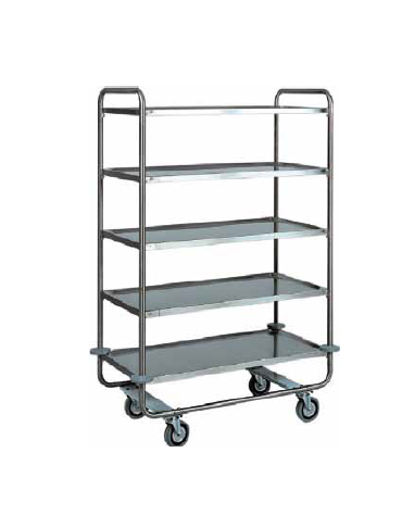 Carrello di servizio in acciaio inox con 4 piani stampati in forma di vassoio cm 109x59x130hCarrello di servizio in acciaio inox