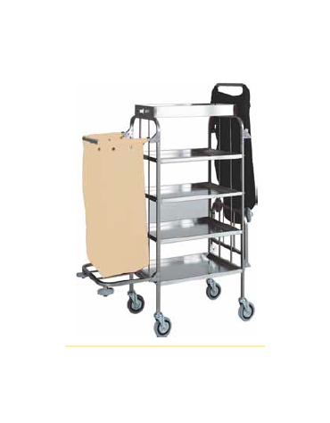 Carrello portabiancheria, multiuso inox. 4 piani. Cassetta portaoggetti, sacco, porta scope cm 82/152x50x158h