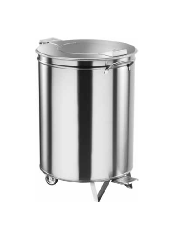 Porta rifiuti in acciaio inox carrellato a forma cilindrica. coperchio con pedale. 100 Litri. Ø 46 x 70h