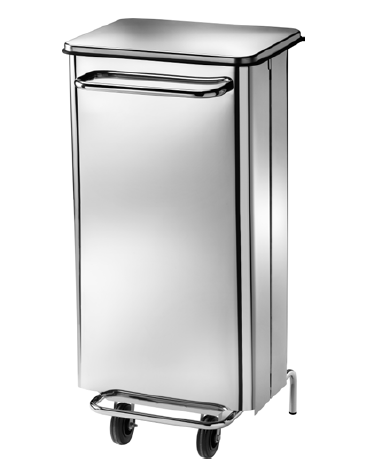 Pattumiera rettangolare inox con 2 ruote. Pedale, estrazione sacco anteriore. Litri: 100 cm 49x50x101h