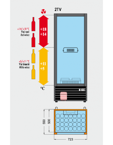 Vetrina refrigerata per vini Dimensioni: larghezza mm.723, profondità mm.550, altezza mm.1955.