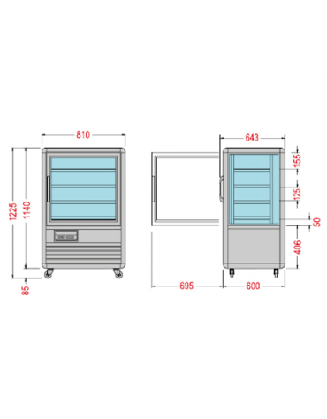 Vetrina espositiva verticale refrigerata temperatura. Adatta per pasticceria e gastronomia mm 810x643x1225h