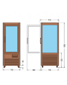 Vetrina espositiva verticale refrigerata in legno colore noce, con ripiani rotanti in vetro 700x730x1850h