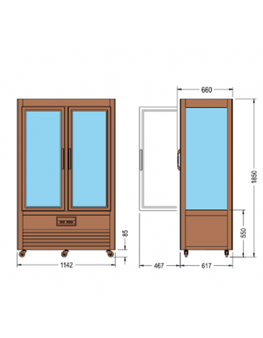 Vetrina espositiva verticale refrigerata in legno colore noce con ripiani in cristallo mm 1142x660x1850h