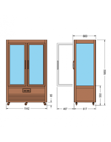 Vetrina espositiva verticale refrigerata in legno colore noce, con ripiani a griglia mm 1142x660x1850h