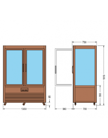 Vetrina espositiva verticale refrigerata in legno colore noce, con ripiani a griglia mm 1350x730x1810h