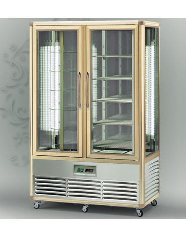 Vetrina espositiva verticale refrigerata con ripiani rotanti in vetro e ripiani a griglie  mm 1150x660x1810h