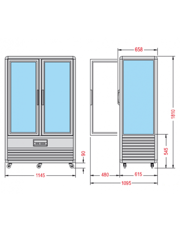 Vetrina espositiva verticale refrigerata con ripiani rotanti in vetro e ripiani a griglie  mm 1150x660x1810h