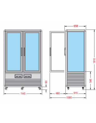 Vetrina espositiva verticale refrigerata con ripiani a griglie mm 1150x660x1810h