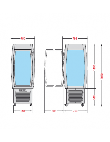 Vetrina espositiva verticale refrigerata con ripiani rotanti in vetro mm  750x750x1940h