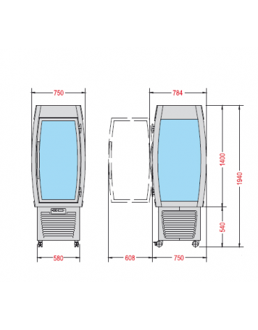 Vetrina espositiva verticale refrigerata con ripiani in cristallo mm 750x750x1940h