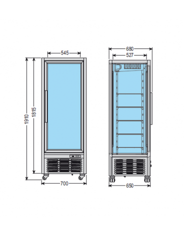 Vetrina espositiva verticale refrigerata con ripiani a cristallo mm 700x680x1910h