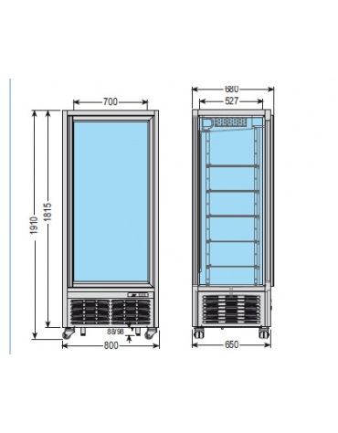 Vetrina verticale con refrigerazione VENTILATA adatta per gelateria e pasticceria, mm 800x680x1910h