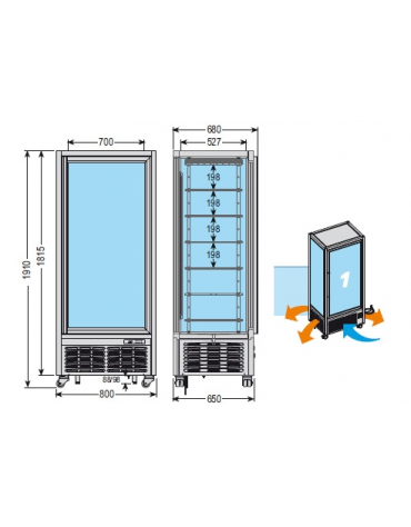 Vetrina verticale con refrigerazione STATICA adatta per gelateria, mm 800x680x1910h