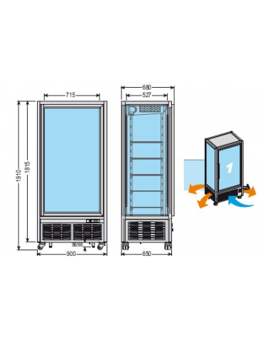 Vetrina verticale con refrigerazione VENTILATA adatta per gelateria e pasticceria, mm 900x680x1910h