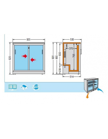 Frigo orizzontale con porte SCORREVOLI, realizzato esternamente in acciaio verniciato nero, mm 920x535x920h