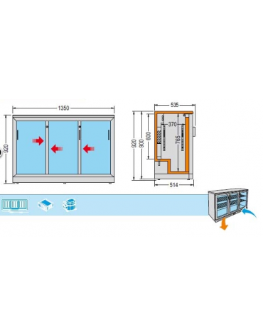 Frigo orizzontale con porte SCORREVOLI, realizzato esternamente in acciaio verniciato nero,  mm 1350x535x920h