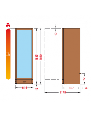 Cantinetta per vini ventilata, temperatura +5° +22° C mm 615x637x1860h