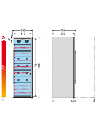 Cantinetta per vini ventilata, temperatura +3° +22° C mm 595x680x1840h