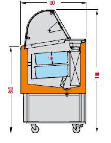 Vetrina gelato ventilata 6 vaschette-Vetro curvo e vano riserva