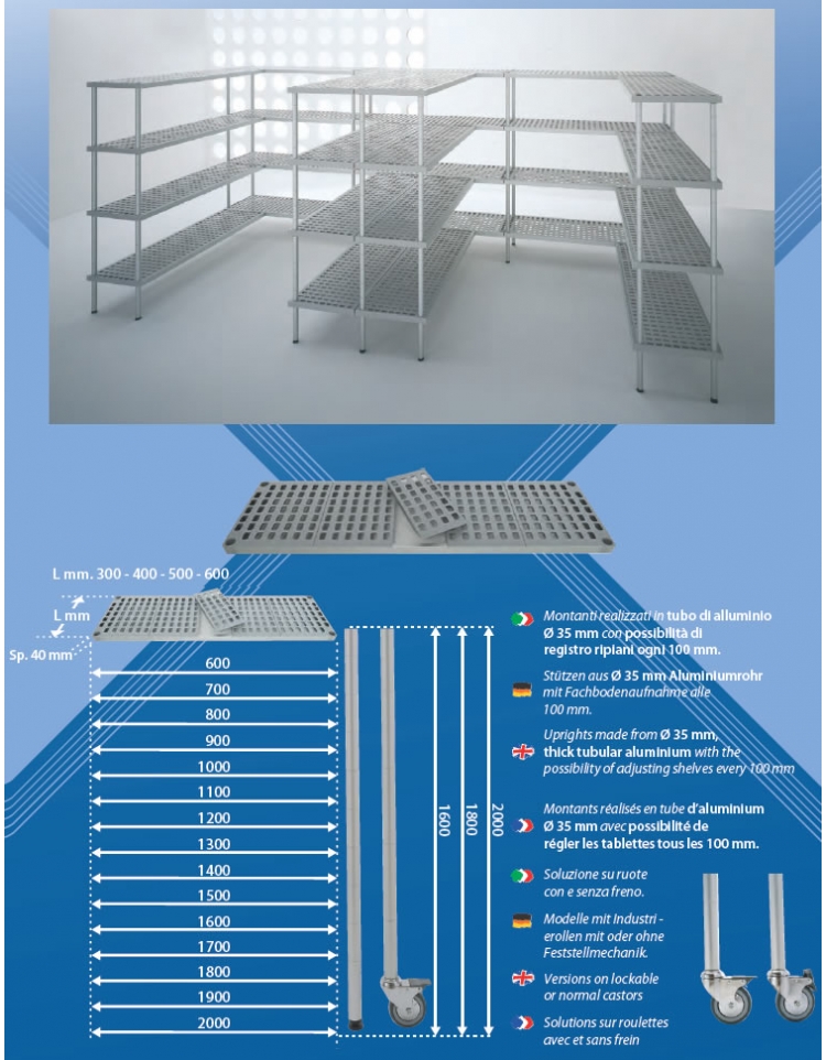 Scaffalatura ad incastro n.4 Ripiani - H.cm. 180 - Prof. 40 cm. Montanti  alluminio - Piani Polietilene * Ideale per celle frigo