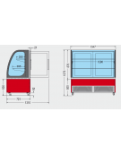 Vetrina pasticceria piano inclinato ventilata larghezza mm.1347, profondità mm.721, altezza mm.1370.