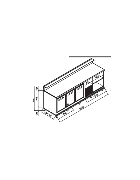 Banco bar refrigerato 3 sportelli motore interno da cm. 250