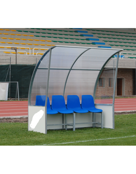 Panchina riserve e allenatori, in acciaio zincato, pannelli di stratificato e policarbonato alveolare.