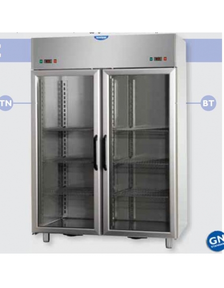 Armadio Combinato Refrigerato GN 2/1 in Acciaio Inox a doppia temperatura (TN + BT) con 2 porte in vetro e 2 luci Neon interne c