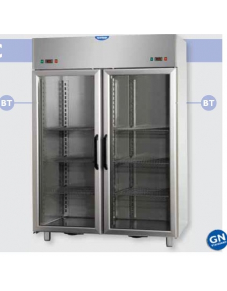 Armadio Combinato Refrigerato GN 2/1 in Acciaio Inox a doppia temperatura (BT + BT) con 2 porte in vetro e 2 luci Neon interne c