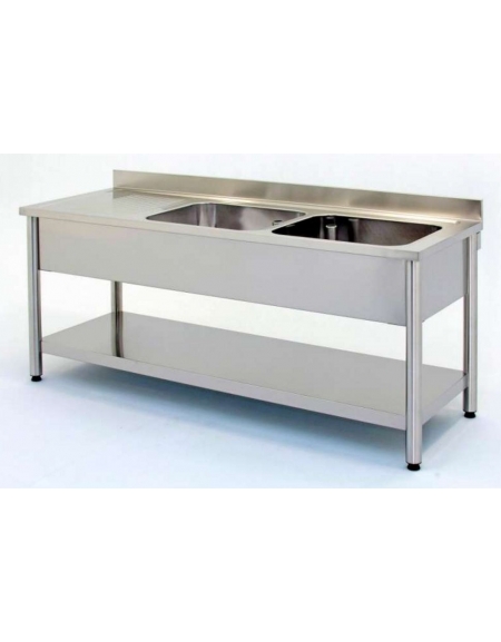 Lavatoio inox gambe tonde 2 vasche+gocc.sx Dim cm.160x60x85/90h