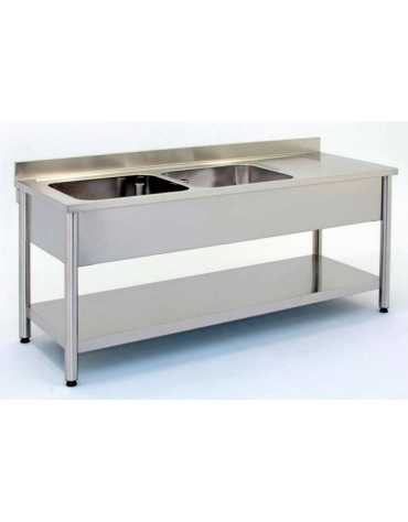 Lavatoio inox gambe tonde 2 vasche+gocc. dx Dim cm.180x70x85/90h