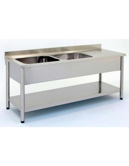 Lavatoio inox gambe tonde 2 vasche+gocc. dx Dim cm.210x70x85/90h