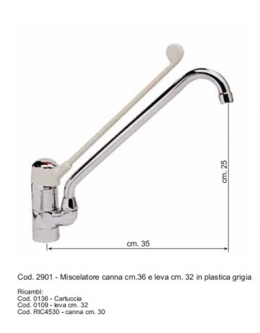 Miscelatore con canna cm. 36 e leva cm. 32 in plastica antiurto