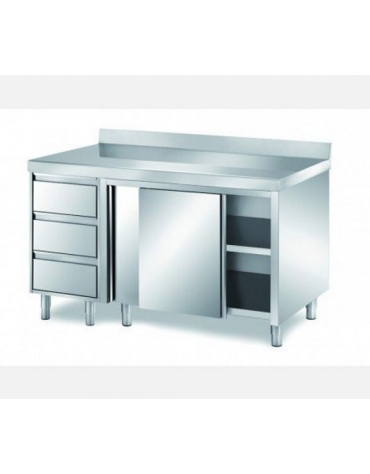 Tavolo armadiato inox con cassettiera ed alzatina cm 190x60x85h