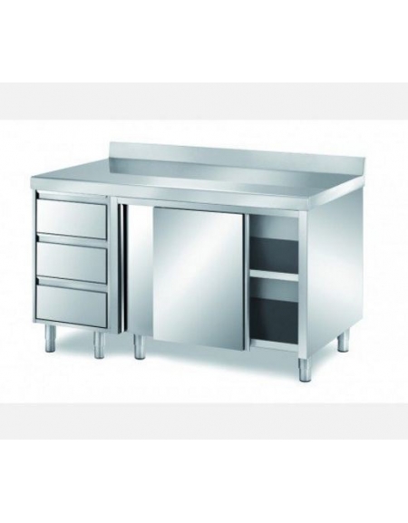 Tavolo armadiato inox con cassettiera a 3 cassetti cm 140x70x85h