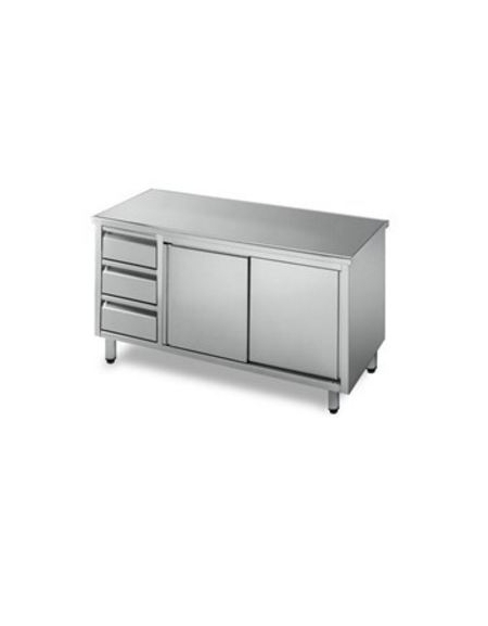 Tavolo armadiato inox con cassettiera a 3 cassetti cm 150x60x85h