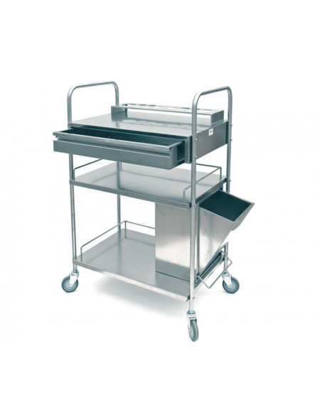 Carrello medicazione inox, 3 ripiani, cestino rifiuti, reggi bottiglie, 4 rotelle - cm 79x50x120h